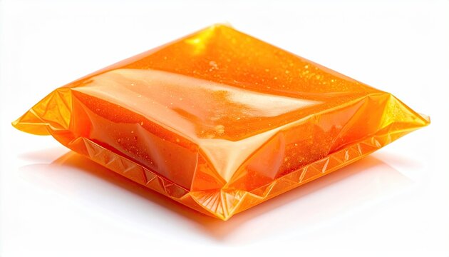 A single, sealed, orange-hued, square-shaped, foil-wrapped confection on a white surface
