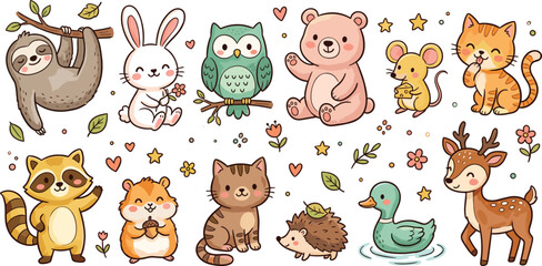 Fototapeta premium Kawaii Style Cute Animal Sticker Set Featuring Sloth, Bunny, Bear, Cat, and Raccoon for Children’s Crafting, Planner Decals, Nursery Room Decorations, and Sweet Stationery Design Projects.