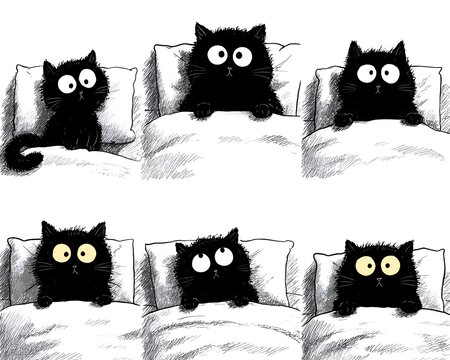 Six illustrations of a cute black cat expressing various emotions while sitting or lying in bed on white sheets in different positions.