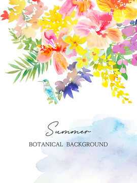 Watercolor floral vector background with abstract hand painted hibiscus, tropical flowers, leaves and humming bird for greeting card, wedding invitation and social media 