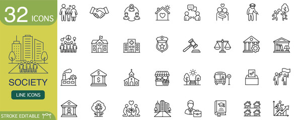Society icon line editable stroke community family handshake city minimal outline set for social service law education health transport government charity business home park © Alice a.