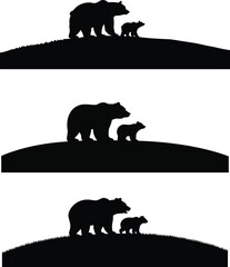 Bear and cub silhouette set on hill landscape, wildlife family scene, black animal figures isolated nature design © Nure Afrin