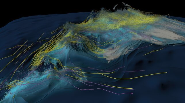 Global ocean currents creating complex patterns and fluid dynamics, representing scientific data and climate change studies with an abstract digital rendering