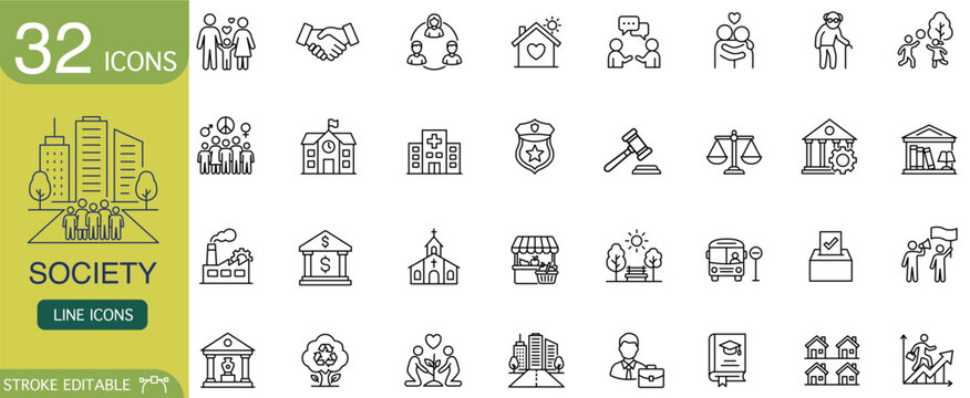 Society icon line editable stroke community family handshake city minimal outline set for social service law education health transport government charity business home park
