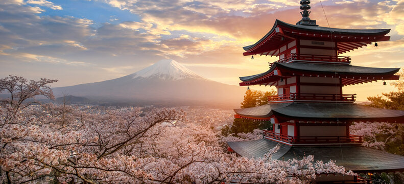 Fujiyoshida, Japan Beautiful view of mountain Fuji and Chureito pagoda at sunset, japan in the spring with cherry blossoms