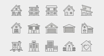 Fototapeta premium Collection of various house illustrations in clean line art style on light background