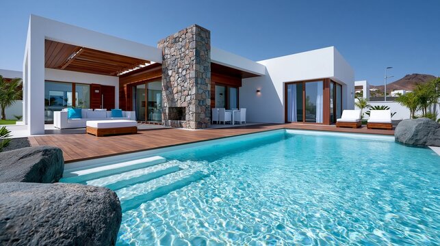 Luxusvilla mit gro&szlig;em Swimmingpool, Holzterrasse, Steinmauer und modernem Flachdach unter blauem Himmel.