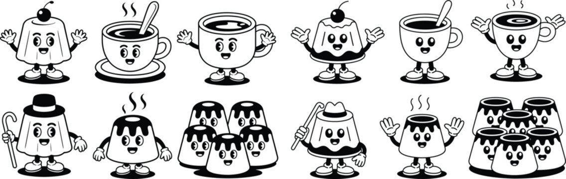 Cute cartoon dessert and beverage characters illustration set. happy pudding jelly coffee tea cup mascots with smiling faces and limbs in various poses. sweet food