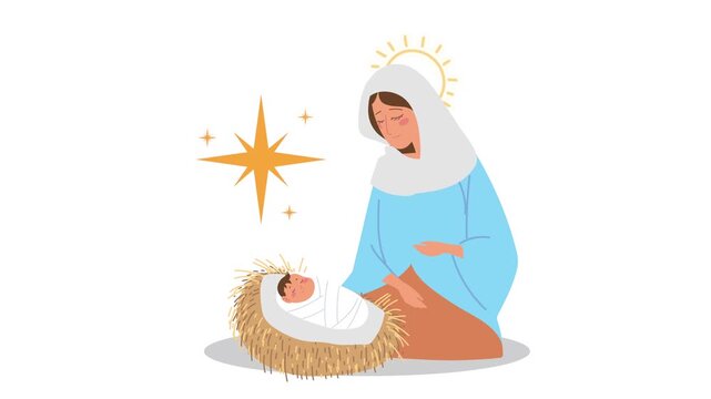 Nativity scene animation featuring virgin Mary and baby Jesus with Bethlehem star and halo in flat style.