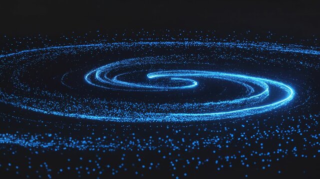 A futuristic swirling vortex of blue light particles on a black background, ideal for technology and innovation concepts.