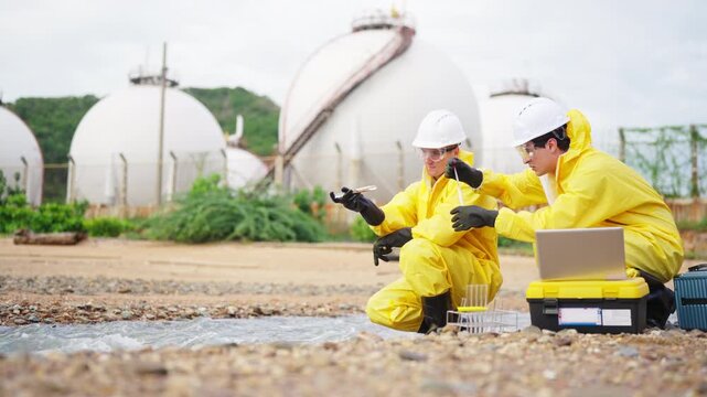 Environmental scientists collecting water samples near industrial drainage system, hazardous material inspectors in protective suits performing wastewater pollution testing environmental monitoring