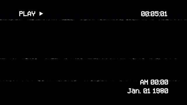 Retro vhs playing with play, timecode, date and static lines effect. Vhs interface on black background. 