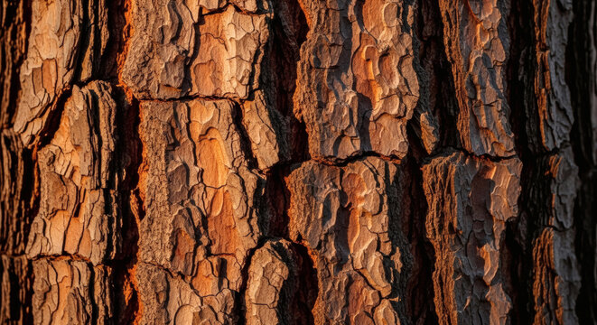 Rough textured pine tree bark close up in warm light