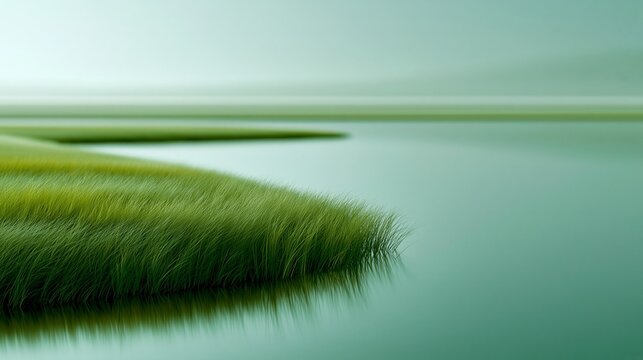Eine minimalistische digitale Illustration eines ruhigen Sees neben einem gr&uuml;nen Grasfeld unter hellblauem Himmel.