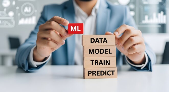 Data scientist hands placing red machine learning block on stack symbolizing model training and predictive data analysis