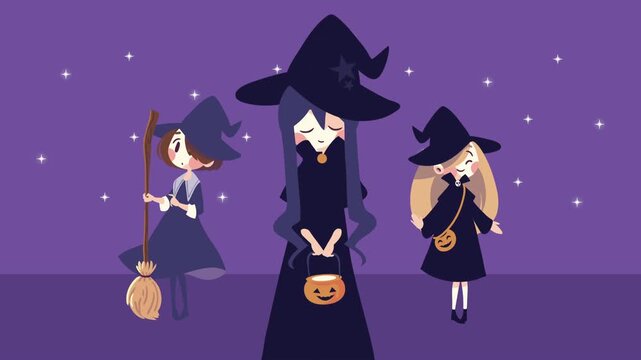 Three cute cartoon little witches standing under starry night sky holding pumpkin basket and broomstick for halloween.