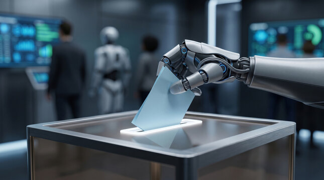 Close-up of a futuristic humanoid robot throwing a ballot into a ballot box, concept of artificial intelligence in politics, digital democracy and future parliamentary elections