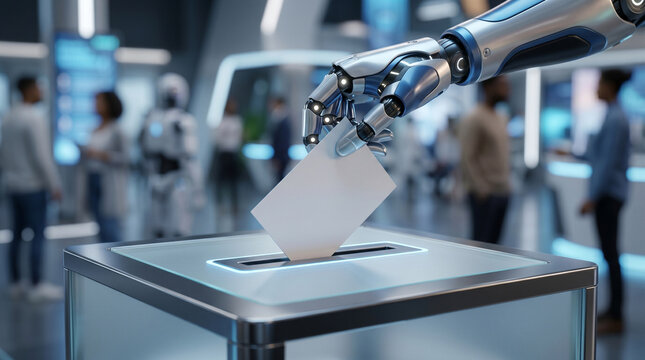 Close-up of a futuristic humanoid robot throwing a ballot into a ballot box, concept of artificial intelligence in politics, digital democracy and future parliamentary elections