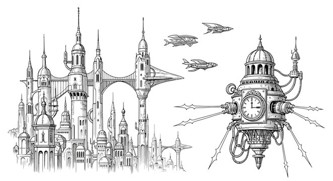 Intricate architectural illustration of a futuristic city with clockwork elements