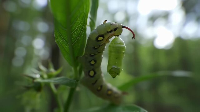 Caterpillar Eating Green Leaf Closeup Macro View.