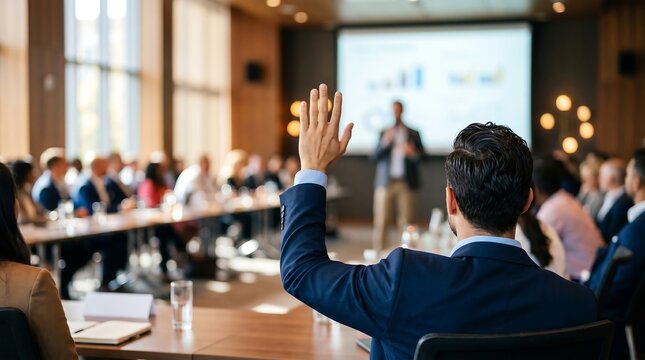 Diverse business team in a meeting room, with one man raising his hand to ask a question. Concept for strategic planning, collaborative environment and corporate workshop
