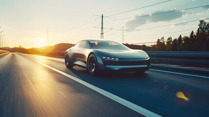 Obraz premium Silver electric car driving on highway during sunset.