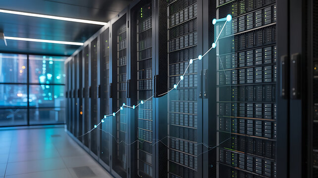 Data center server room with digital growth chart overlay
