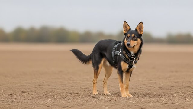 A watchful, sable and tan Australian Kelpie dog stands alert in a field, with a shallow depth of field