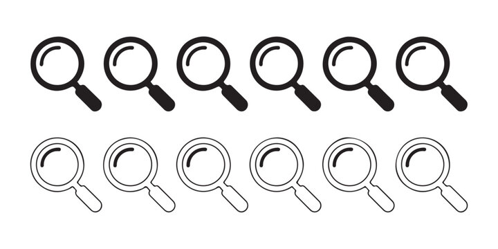 Group of twelve magnifying glass icons including solid and thin line styles isolated on a transparent background.