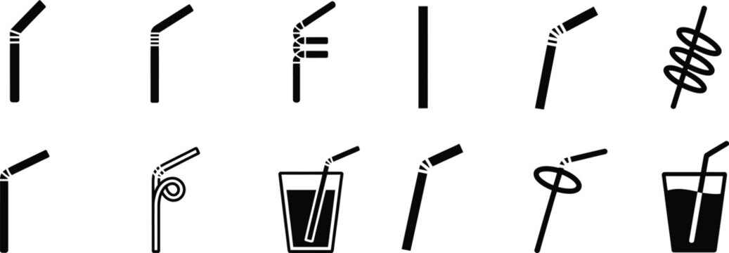 Set of different types of drinking straws bent straight flexible curly designs some placed in beverage glasses black and white vector icons with drinking straw