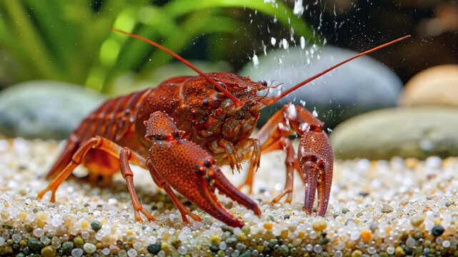 Red Crayfish Crawling on Sandy Aquarium Bottom with Bubbles.