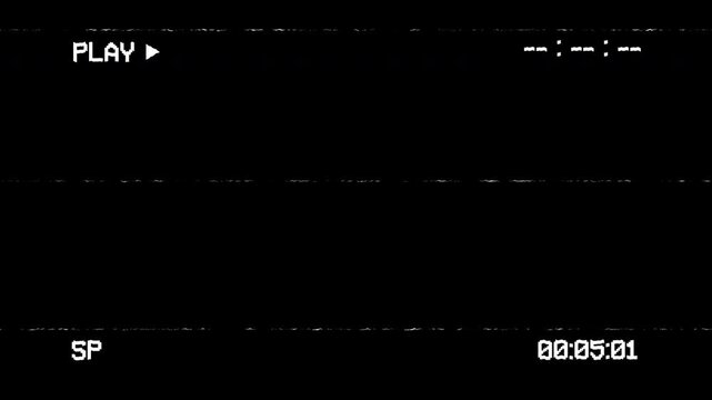 Retro vhs playing with play, timecode, and static lines effect. Vhs interface on black background. Retro vhs texture suitable for video editing, motion graphics, nostalgic content creation.