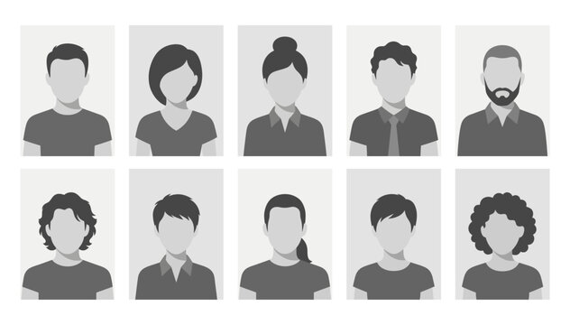 Diverse monochrome face placeholder icon set in a grid layout | Vector people avatars for user profiles and social media | Flat illustration of male and female silhouettes