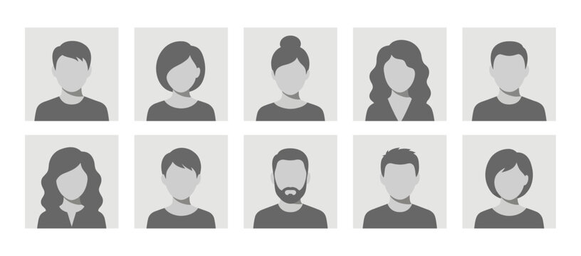 Set of ten monochrome avatar placeholders in a grid layout | Diverse people profile silhouettes for social media and web | Flat vector male and female icons