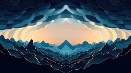 Fototapeta premium Abstract landscape. Layered mountains create tunnel effect. Warm light emanates from center, contrasting cool blues. Minimalist design.