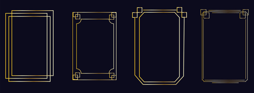 Golden frame set, thin line gold borders in art deco style. Luxury premium vector outline geometric rectangle. Linear decorative banners