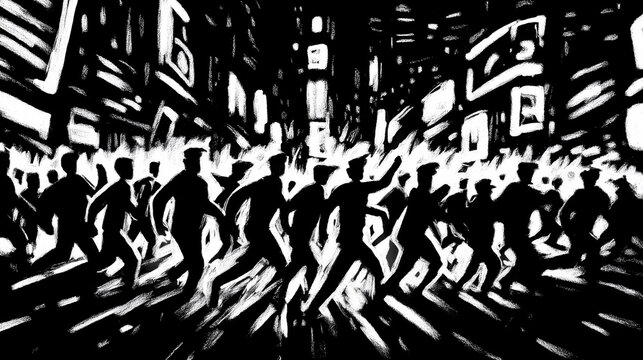People Dancing in Chaotic City Street Filled with Neon Screens and Collapsing Storefronts - Social Hedonism and Overstimulation, Black and White Ink Illustration

