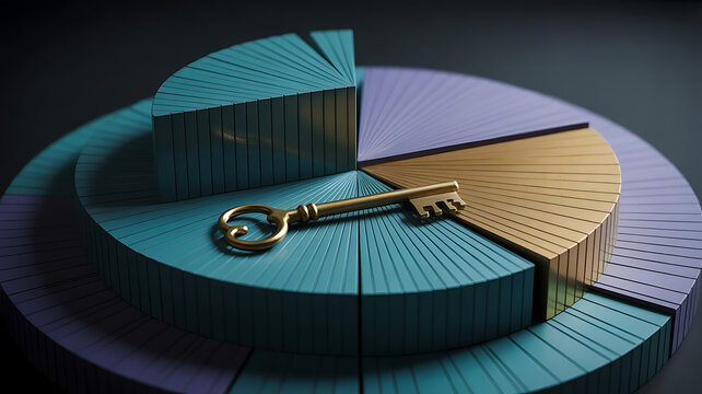 Golden key resting on a teal and gold pie chart representation