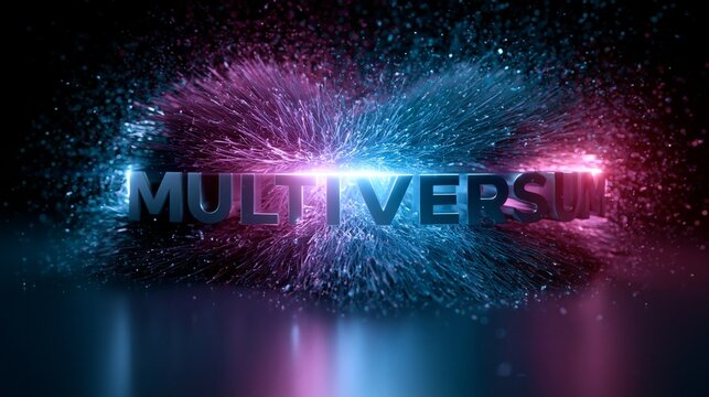 Leuchtender 3D-Schriftzug &bdquo;Multiversum" in rot-blauem Neonlicht mit explodierenden Partikeln auf dunklem Hintergrund.