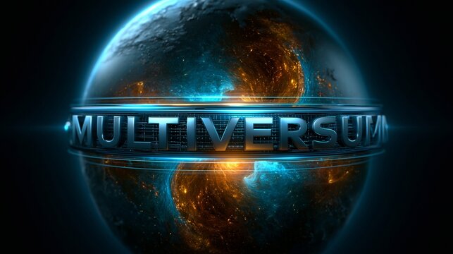 Futuristischer Schriftzug &bdquo;Multiversum" &uuml;ber einem leuchtenden Globus mit Energie- und Lichteffekten auf dunklem Hintergrund.