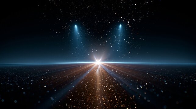 Digitale Illustration eines hellen Lichtstrahls am Horizont im Weltraum, umgeben von leuchtenden Partikeln und Sternen.