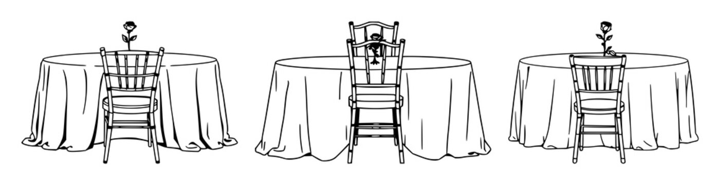 POW/MIA memorial table set with intricate black line art design featuring empty chair, white tablecloth, single rose with symbolic tribute and homage