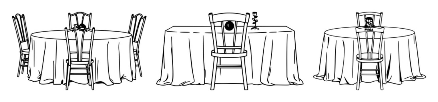 POW/MIA memorial table set with intricate black line art design featuring empty chair, white tablecloth, single rose with symbolic tribute and homage