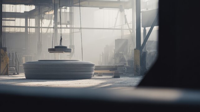 Factory interior with heavy machinery handling stacks of metal sheets, creating an atmosphere of manufacturing, production, and industrial processing amidst a foggy, dusty environment