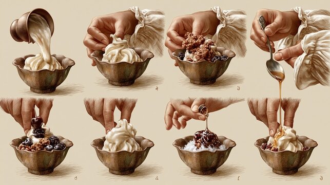 National Frozen Yogurt Day: pencil sketch editorial illustration of hands assembling a frozen yogurt bowl, step by step vignettes showing pouring froyo, adding toppings, drizzling honey,