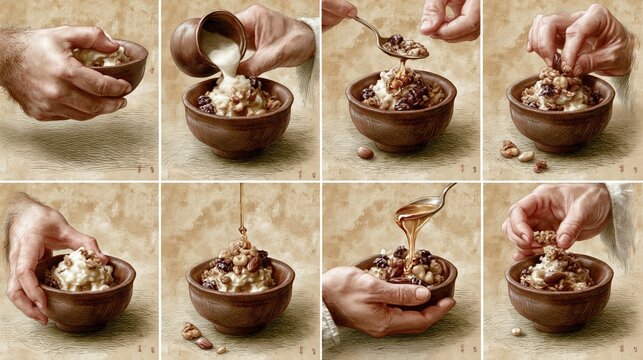 National Frozen Yogurt Day: pencil sketch editorial illustration of hands assembling a frozen yogurt bowl, step by step vignettes showing pouring froyo, adding toppings, drizzling honey,