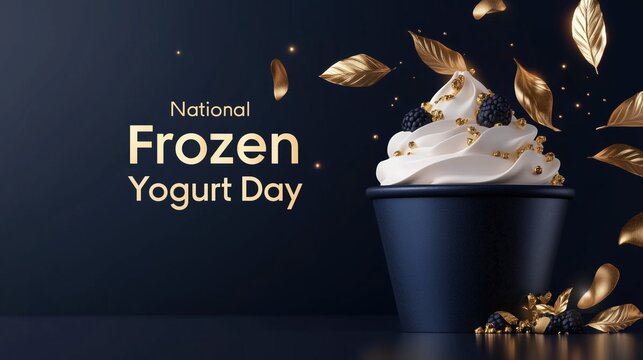 Elegant dark luxury promotional banner for "National Frozen Yogurt Day", gold metallic serif typography centered on deep navy blue background