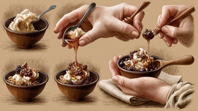 National Frozen Yogurt Day: pencil sketch editorial illustration of hands assembling a frozen yogurt bowl, step by step vignettes showing pouring froyo, adding toppings, drizzling honey,