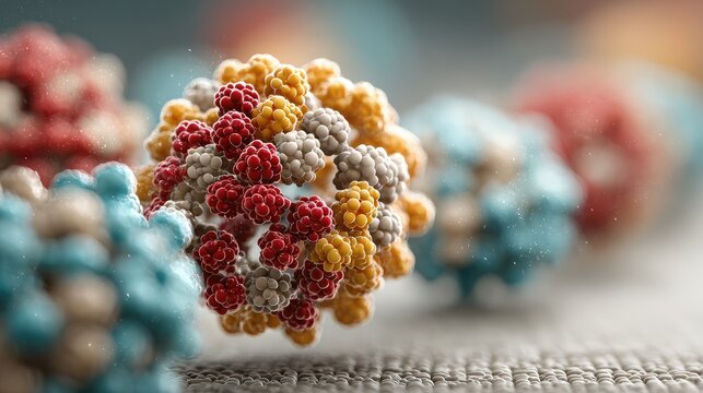 Microscopic view of viral particle structures featuring red yellow and blue spherical clusters representing complex biological molecules in scientific research