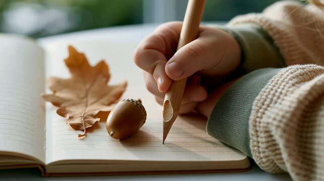 Eine Kinderhand h&auml;lt einen goldenen Stift &uuml;ber einem Notizbuch, neben einem Eichenblatt und einer Eichel auf dem Tisch.